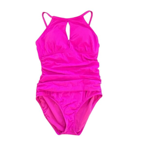 Ellen Tracy One Piece Keyhole Rib High Neck Over the Shoulder Swimsuit Size 12 - Picture 3 of 10